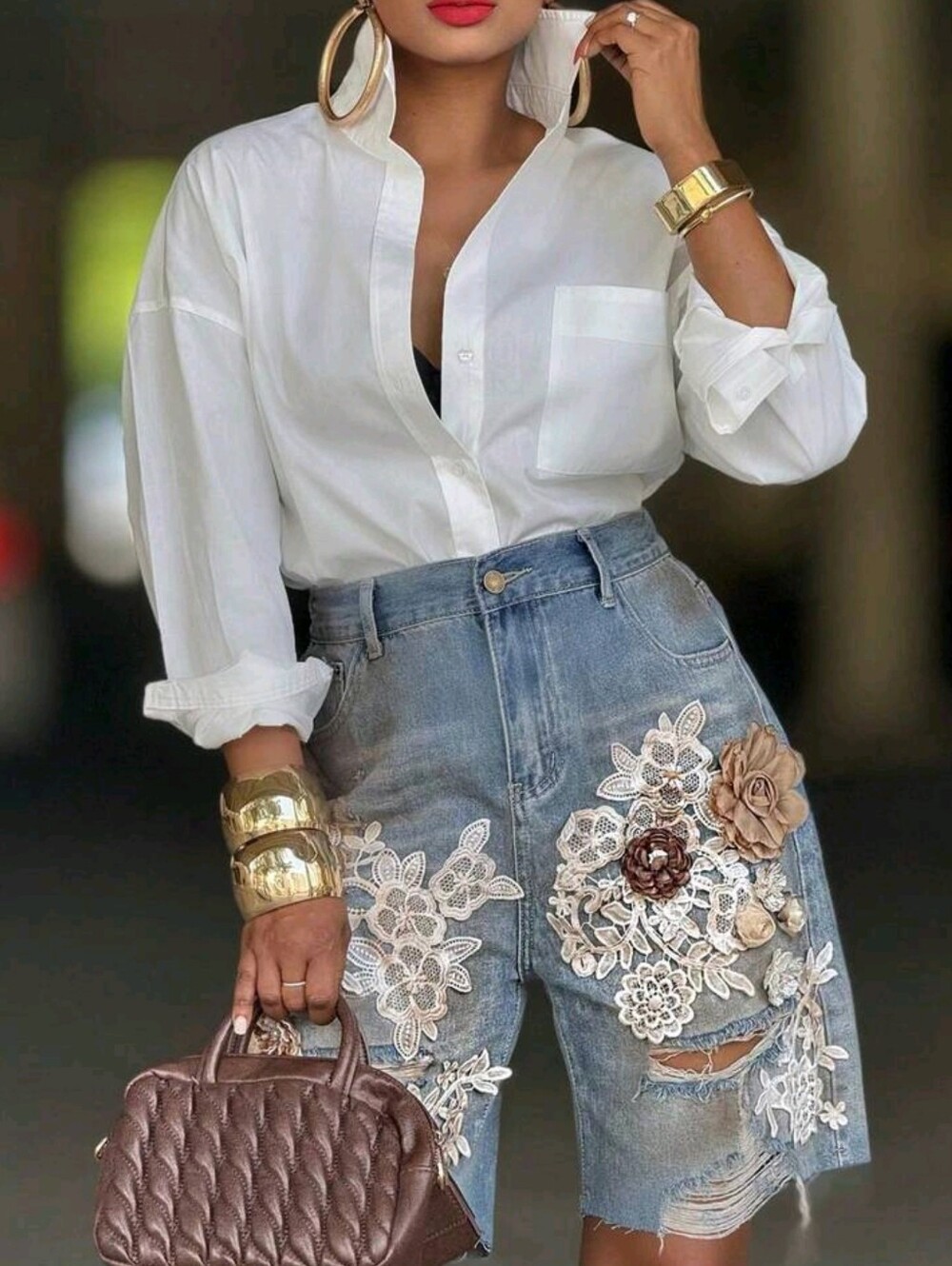 Women's Light Blue Denim Distressed Shorts - 3D Lace Flower - Picture 4 of 8
